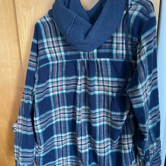 Blue and Green Plaid Hooded Flannel Shirt - Picture 2 of 2